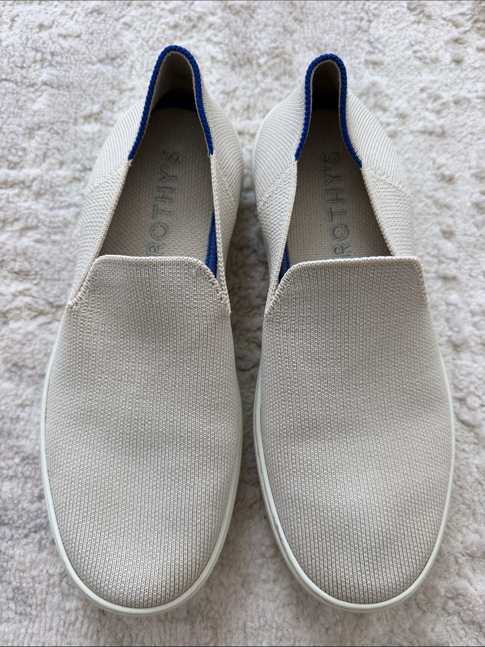 Rothy's Cream Slip-On Mules with Blue Trim